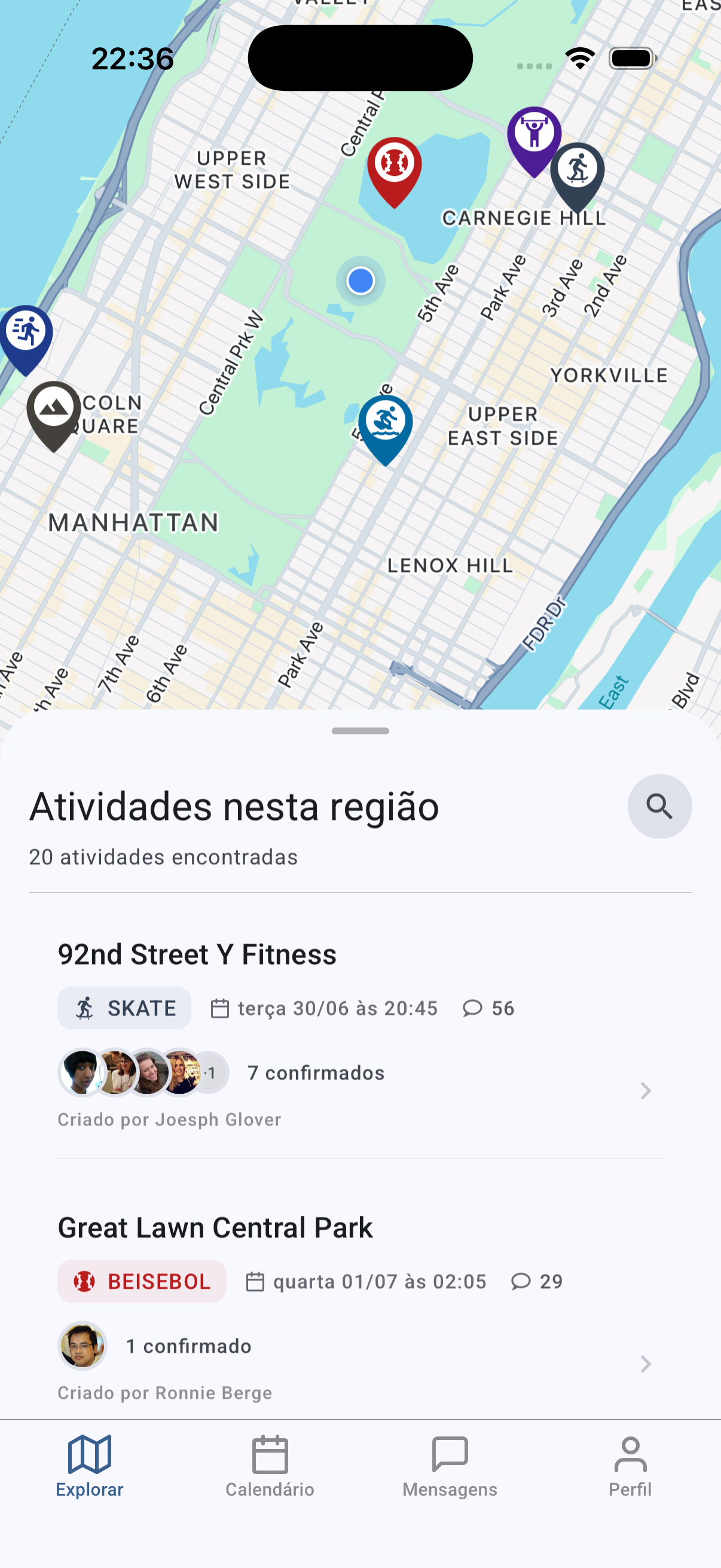 Tela do mapa do app Bora