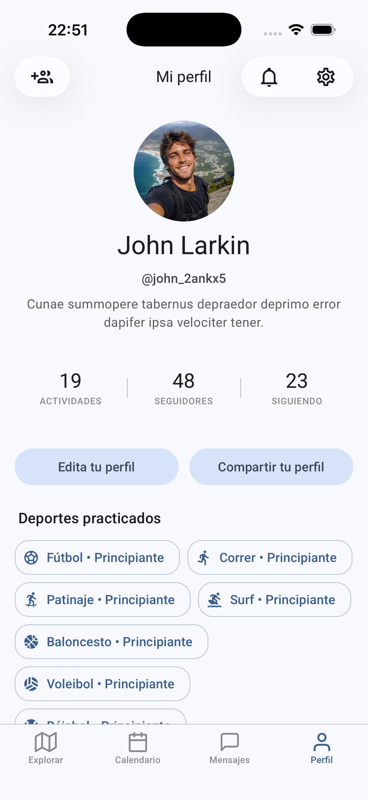 Tela do app: Crea tu perfil